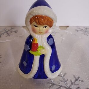 Vintage Christmas Mini Blue Ceramic Red Head Girl with Candle Figurine 4"